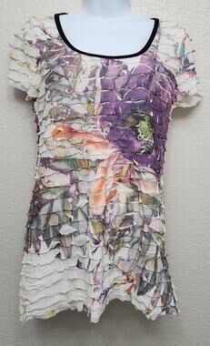 Lavish Cream Purple Ruffled Floral Print Top Large Lightweight Soft Short Sleeve
